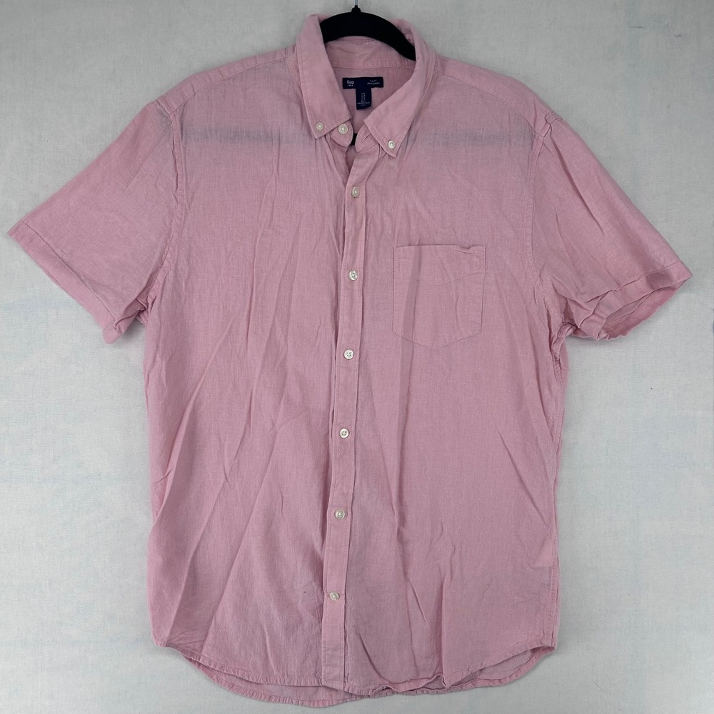 Gap Mens Slim Fit Linen Cotton Short Sleeve Button Down Shirt Pink Large